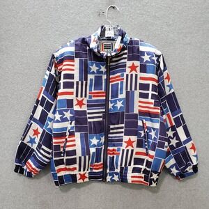 VINTAGE EVR Women Jacket Medium‎ Petite Blue 100% Silk Full Zip Stars Stripes